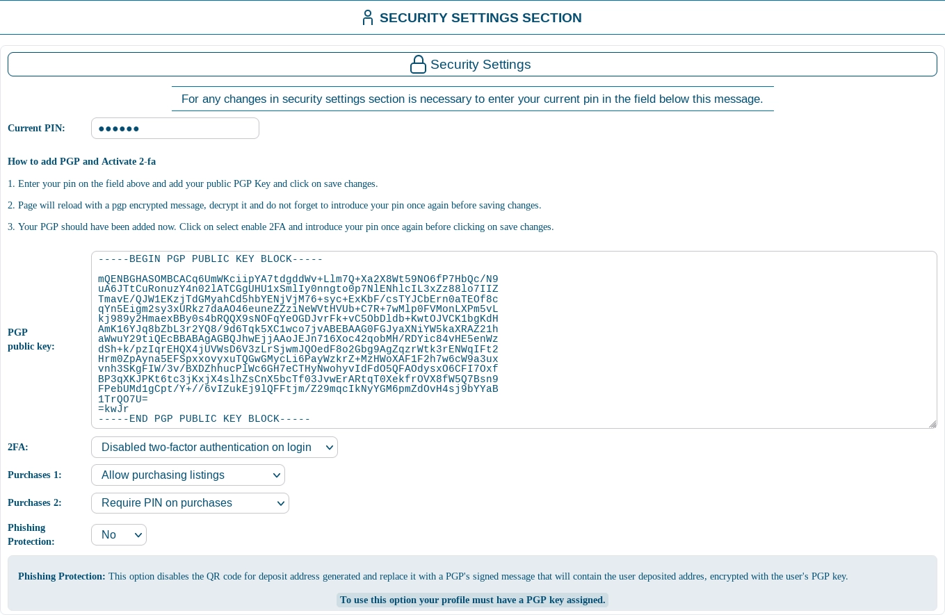Screenshot of the Security Settings Section